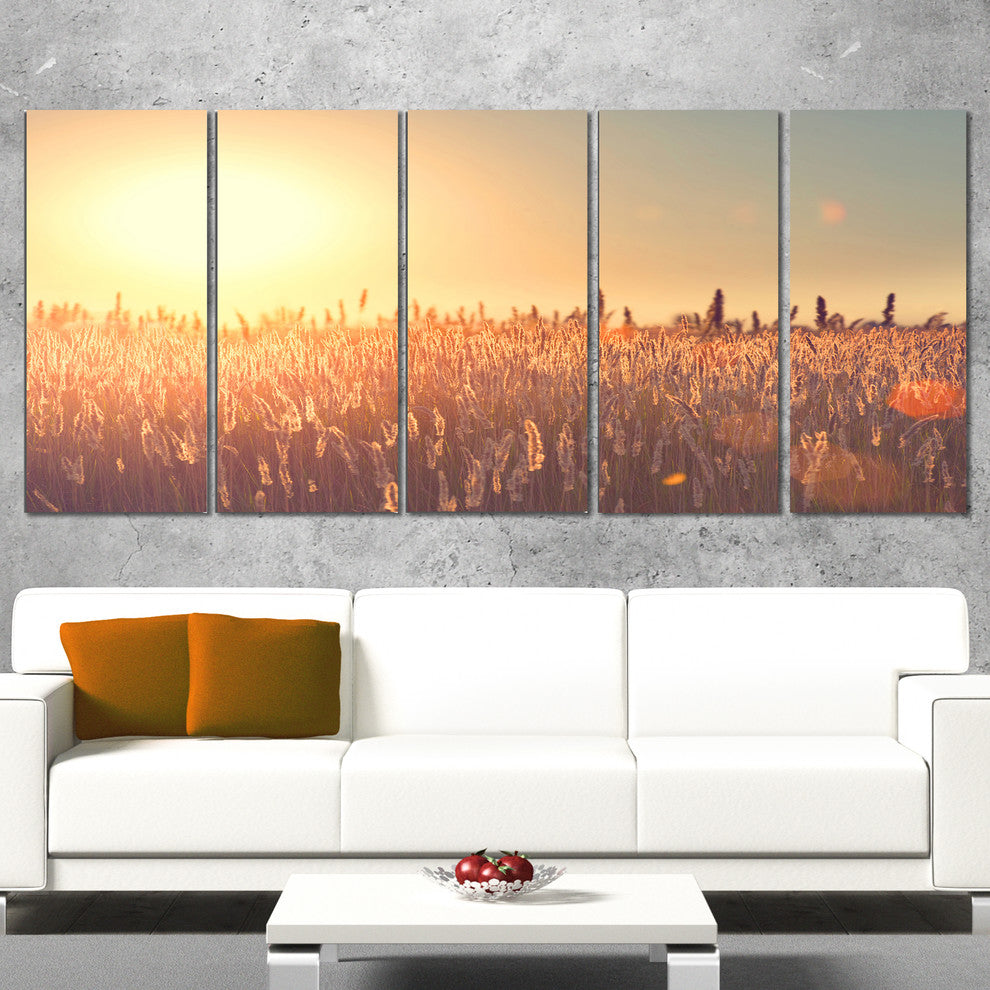 Rural Land under Shining Sun, Large Landscape Canvas Art, 60"x28", 5 Panels