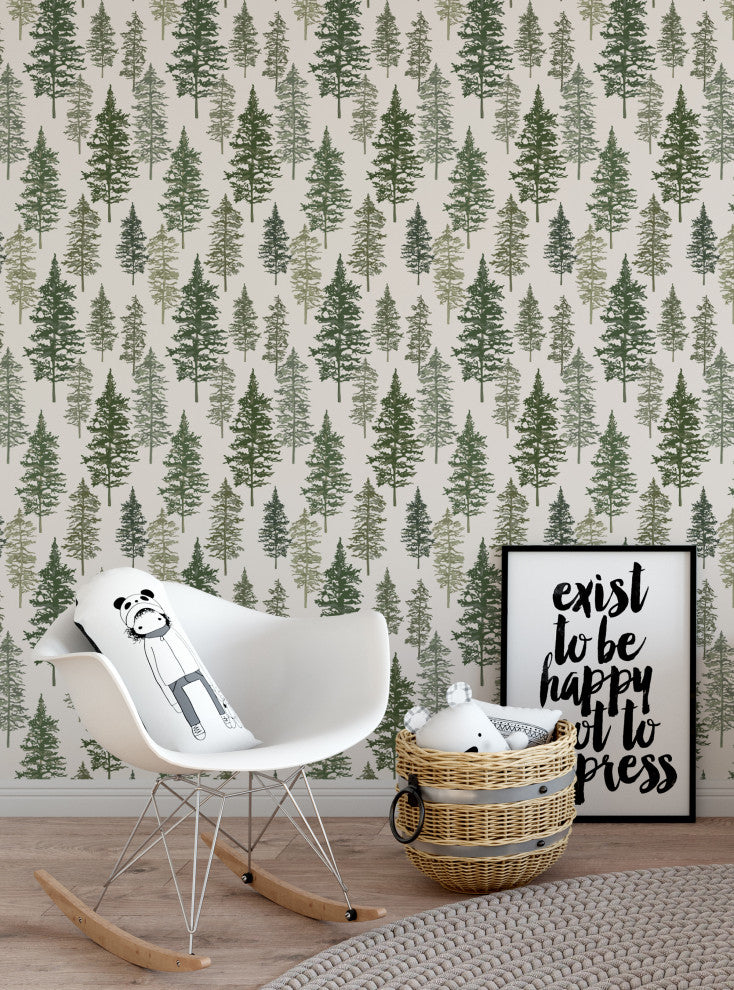 Illustrated Evergreen Forest Peel and Stick Vinyl Wallpaper, Deep Green, 24" X 60"