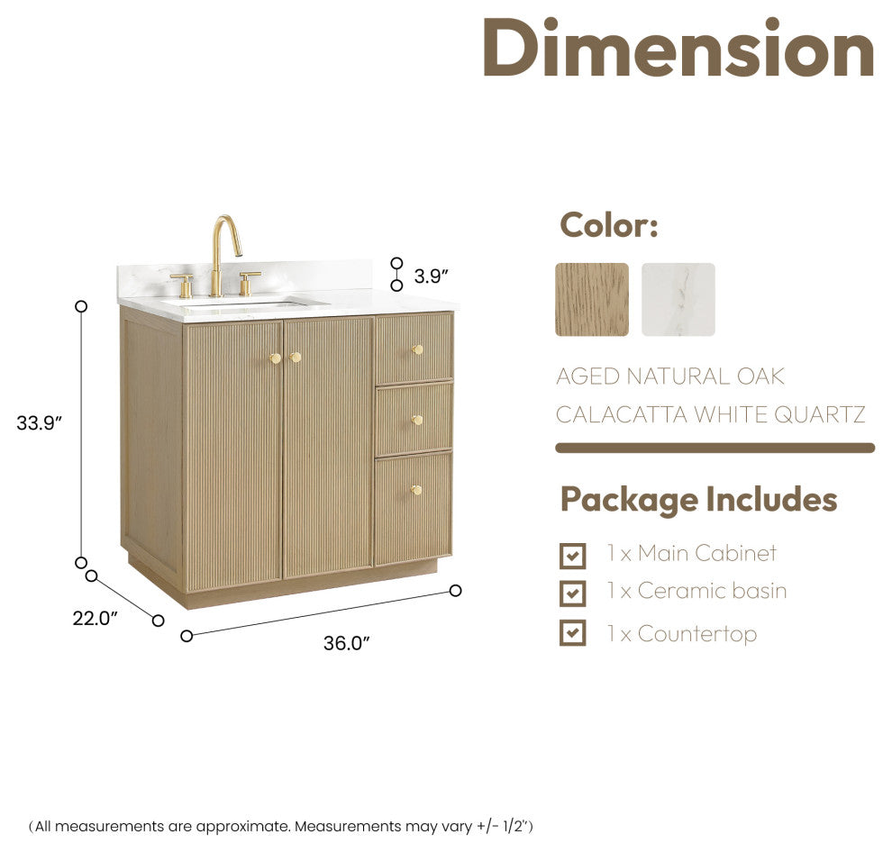 Oza Bath Vanity with Quartz Stone Top, Aged Natural Oak, 36", Single Vanity, No Mirror