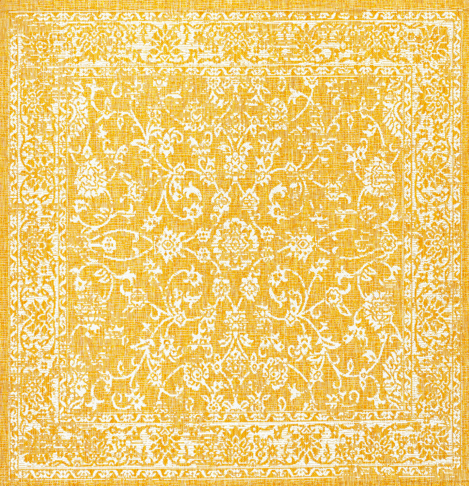 Tela Boho Textured Weave Floral Indoor/Outdoor Rug, Yellow/Cream, 5' Square