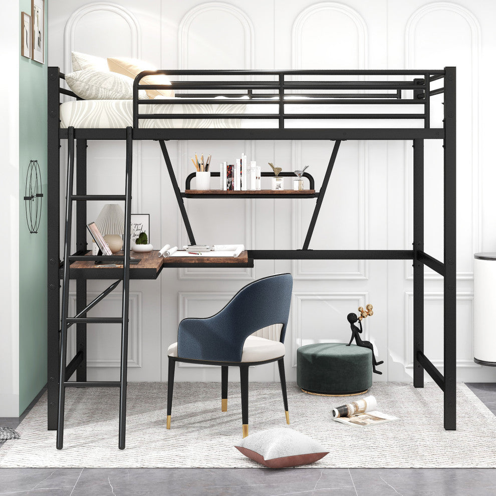 Gewnee Twin Size Loft Metal&MDF Bed with Desk and Shelf in Black