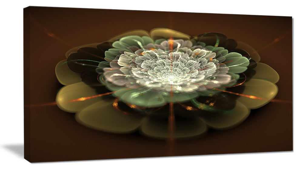 White Fractal Flower on Brown, Flower Artwork on Canvas, 32"x16"