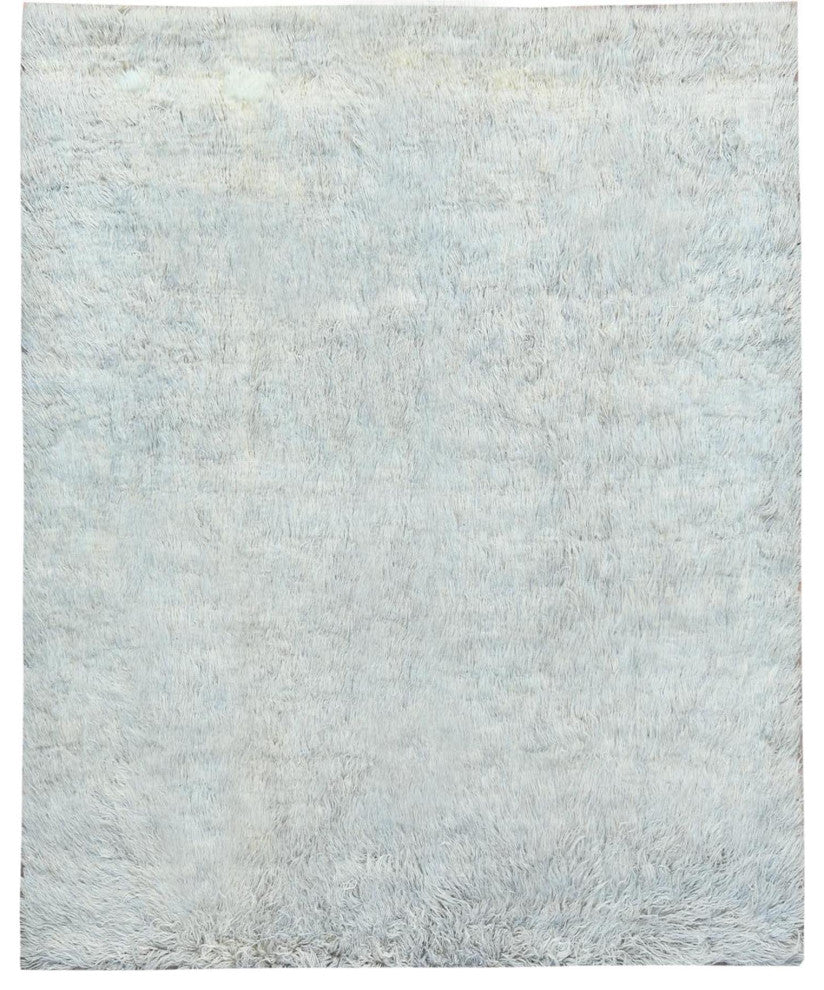Blueish Gray, Shaggy Moroccan, Undyed Natural Wool Hand Knotted Rug, 8'0"x9'9"