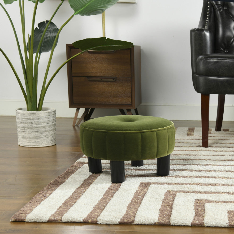 Riley 16" Round Footstool Ottoman, Olive Green Performance Velvet