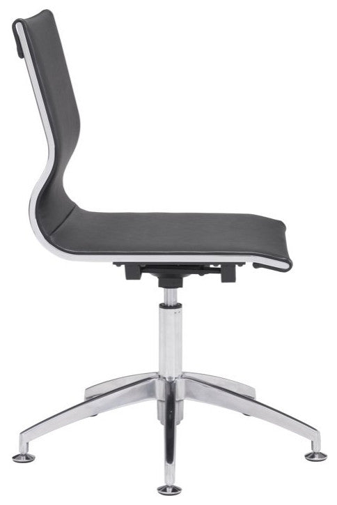 Modern Office Chair, Chrome Legs With Armless Faux Leather Seat & Back, Black