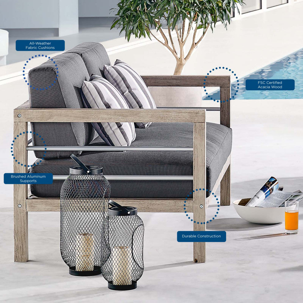 Lounge Loveseat Sofa, Wood, Gray, Outdoor Patio Balcony Cafe Bistro Garden
