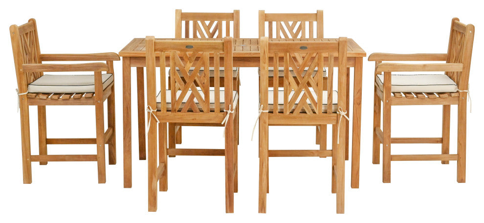7 Piece Teak Chippendale 63" Rect Bistro Counter Set, 2 Arm and 4 Side Stools
