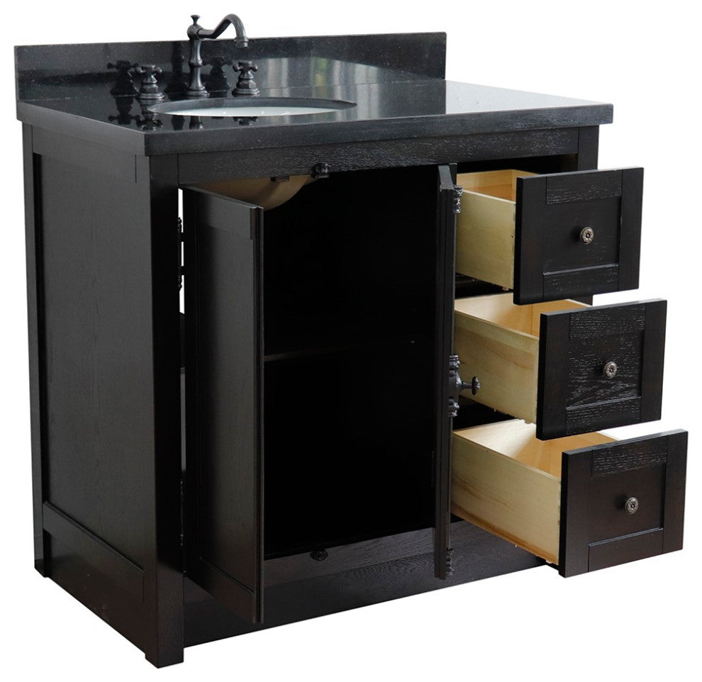 37" Single Vanity, Brown Ash With Black Galaxy Top, Left Doors/Left Oval Sink