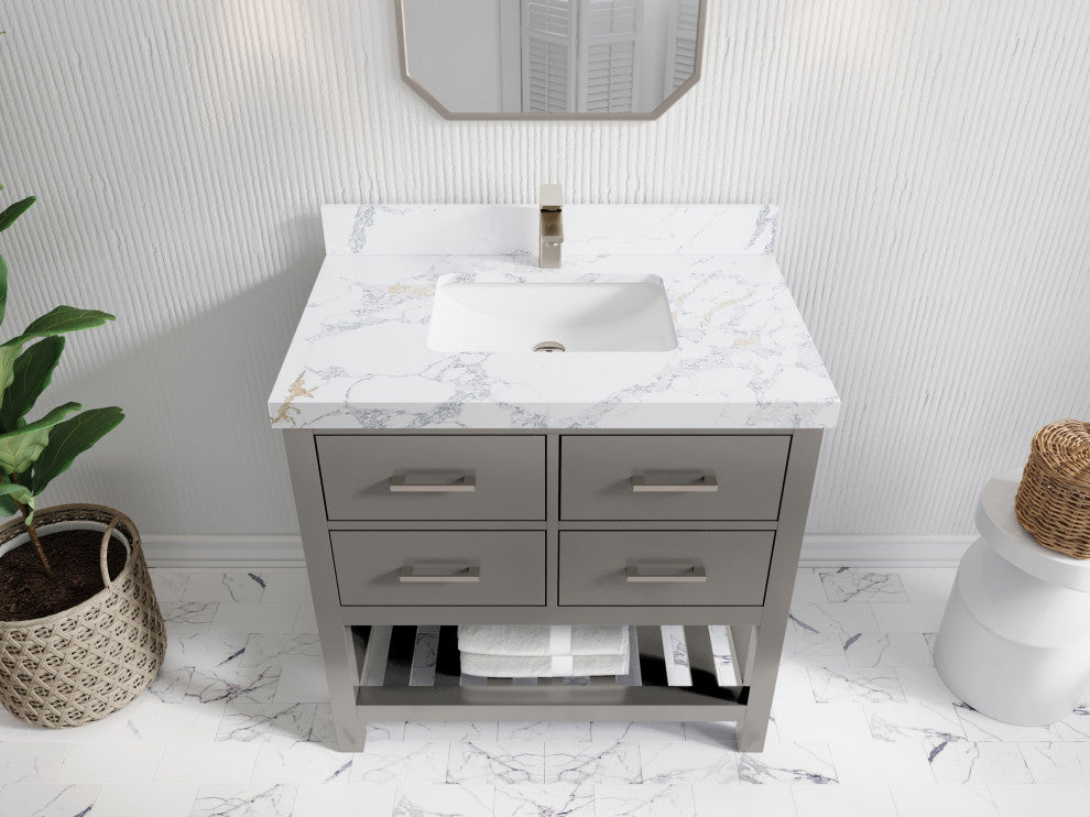 Parker 36" Single Sink Bath Vanity, Elephant Skin Gray 2" Calacatta Poanazzo