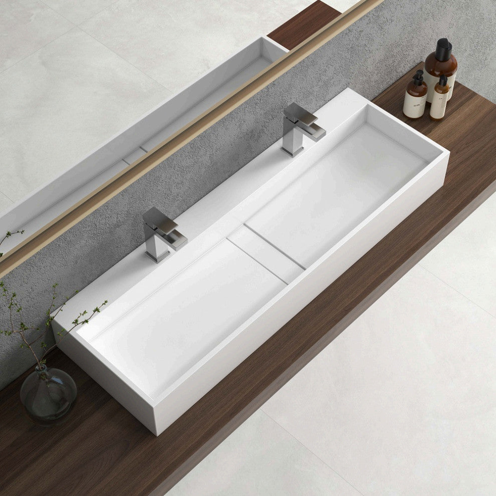 47 Inch Wall-Mount Double Sink Stone Resin Floating Trough Bathroom Sink, Glossy White