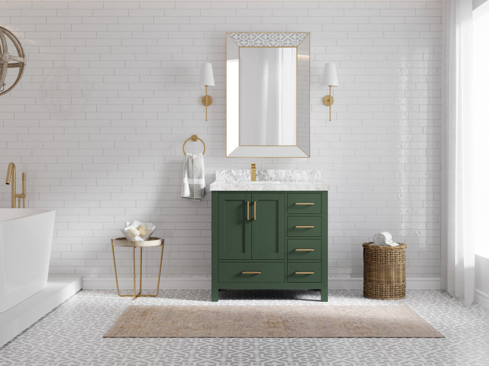 Malibu 36 Left Offset Bath Vanity in Lafayette Green 2" Carrara Marble