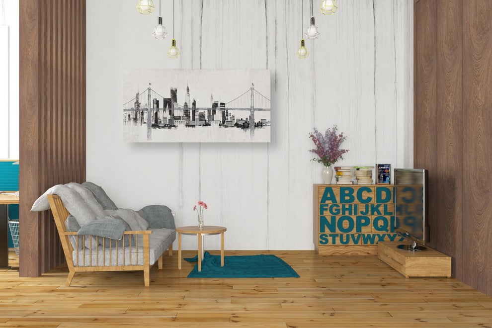 Epic Graffiti "Bridge And Skyline Silver" Giclee Canvas Wall Art, 20"x40"