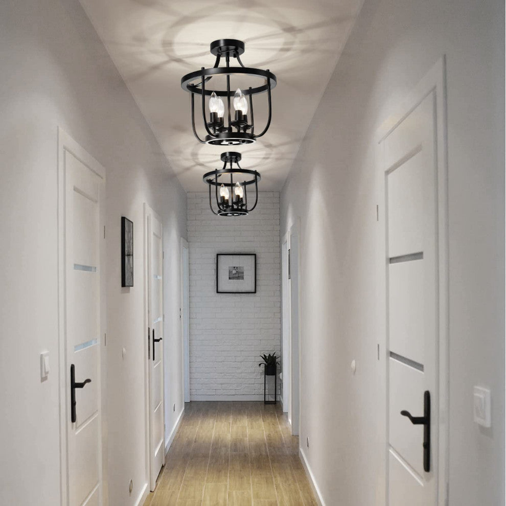 4 Light Semi Flush Mount Ceiling Lighting Fixture Farmhouse Black Cage Ceiling
