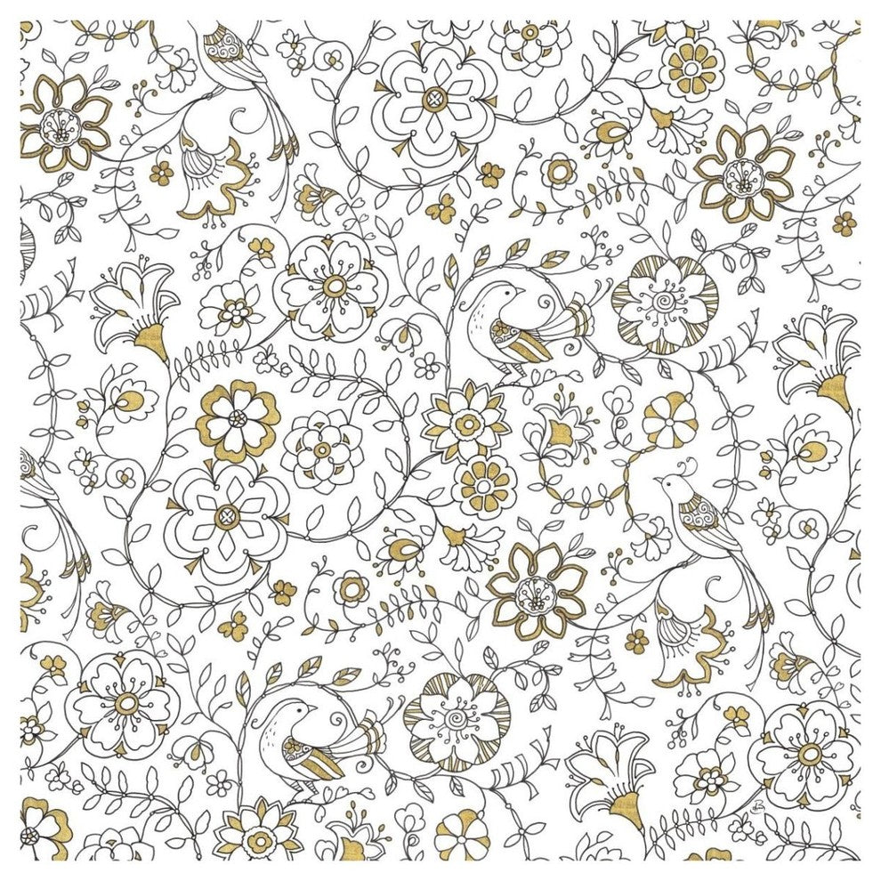 "Color my World Birds Suzanis Pattern Gold" Print by Daphne Brissonnet, 42"x42"