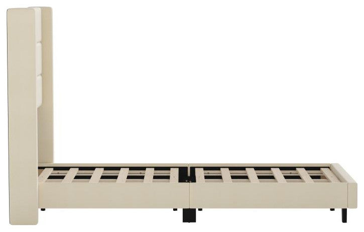 Hollis Upholstered Platform Bed with Wingback Headboard w/Mattress Foundation, Beige, Twin