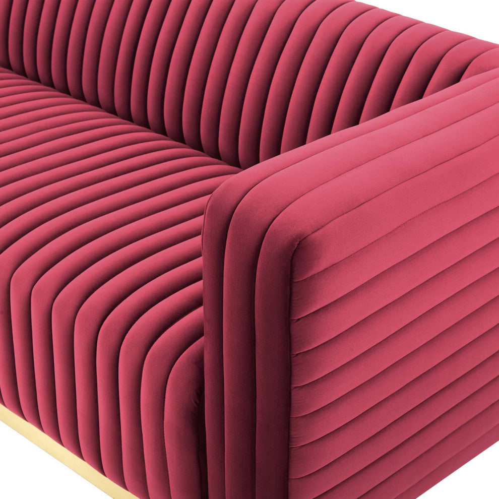 Tufted Sofa, Velvet, Red, Modern, Living Lounge Room Hotel Lobby Hospitality