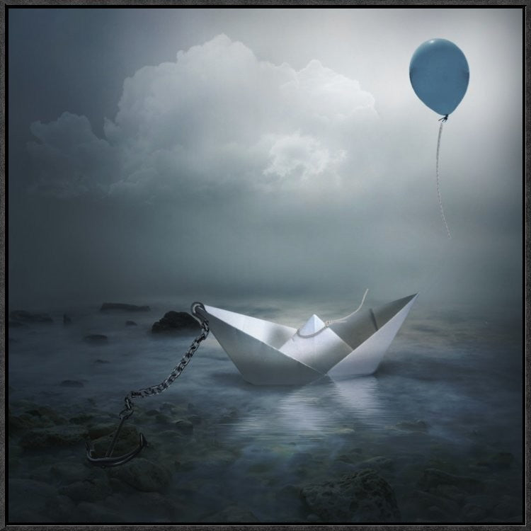 "Paper Boat and Balloon" Framed Canvas Giclee by Natalia Simongulashvili, 25x25"