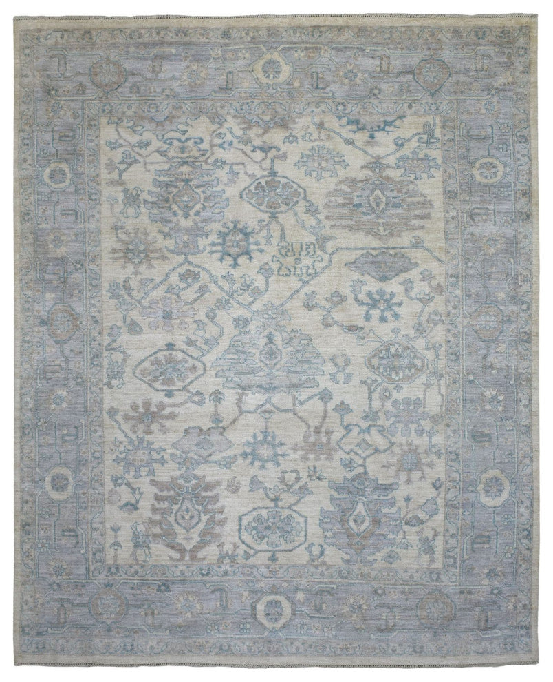 Afghan Angora Oushak Ivory-Blue Organic Wool Hand Knotted Rug, 7'10" x 10'0"