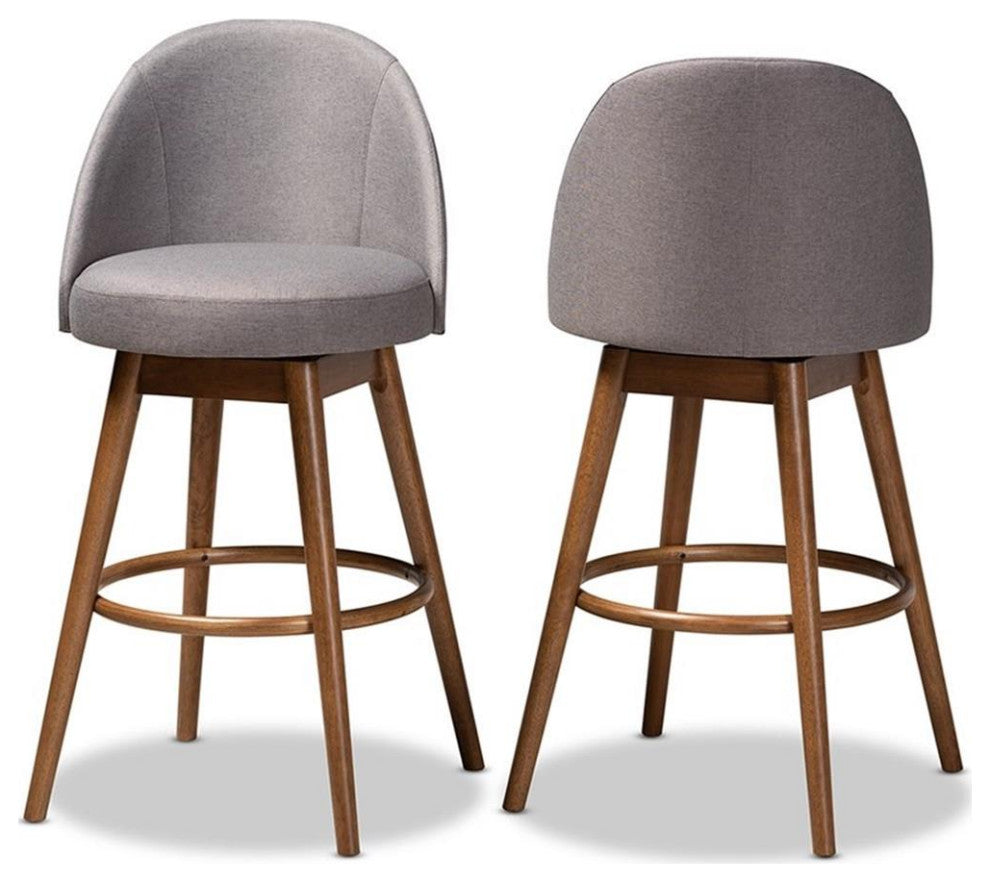 Bowery Hill Mid-Century Gray Upholstered Swivel Bar Stool in Walnut  (Set of 2)