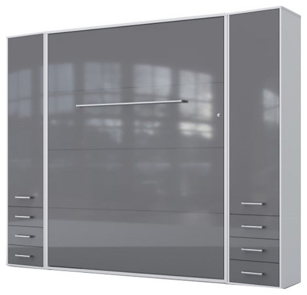 INVENTO Vertical Wall Bed With 2 Cabinets, White/Grey, With Mattress 63 X 78.7 Inch