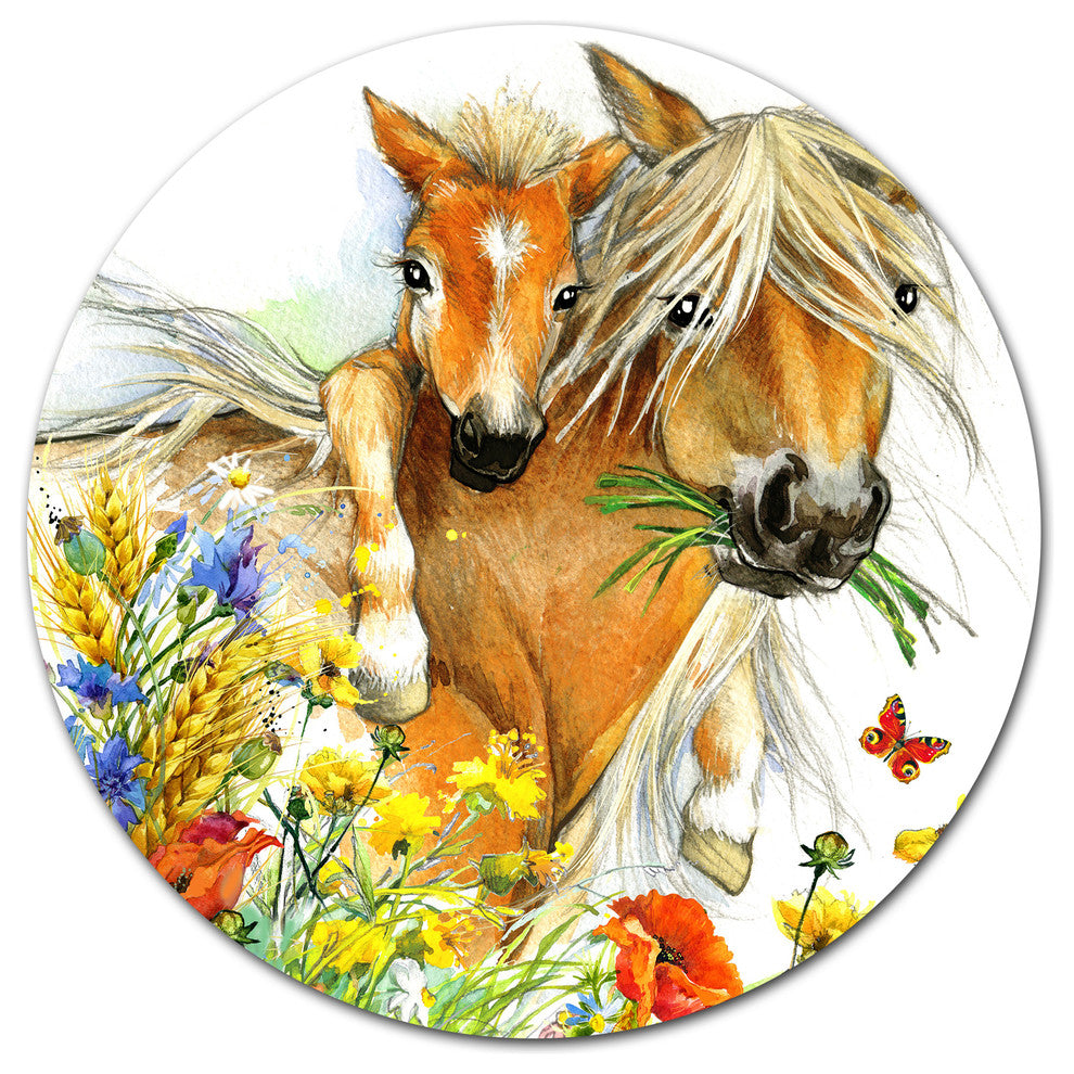 Horse And Foal With Flowers, Animal Disc Metal Artwork, 36"
