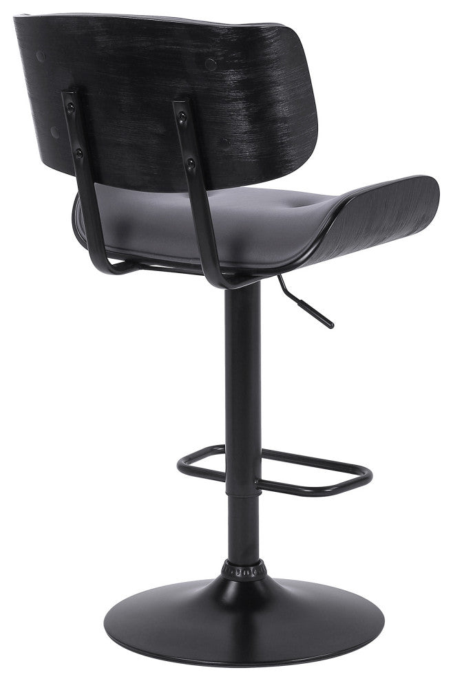 Adjustable Gray Tufted Faux Leather and Black Wood Swivel Barstool.