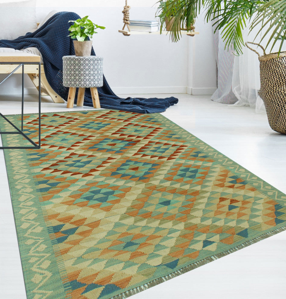 Sangat Kilim Jamshid Light Blue/Orange Rug, 4'3x5'4