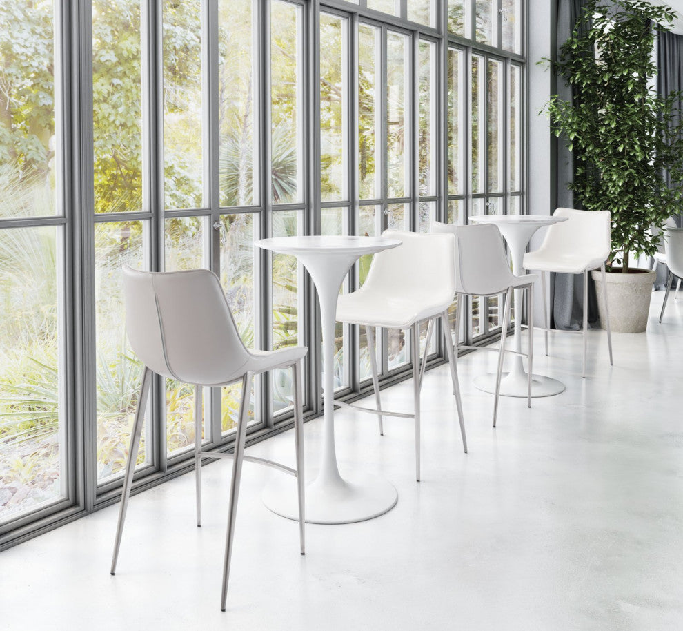 Bar Stool Chair Barstool, Set of 2, Faux Vinyl Leather, Steel, White, Silver