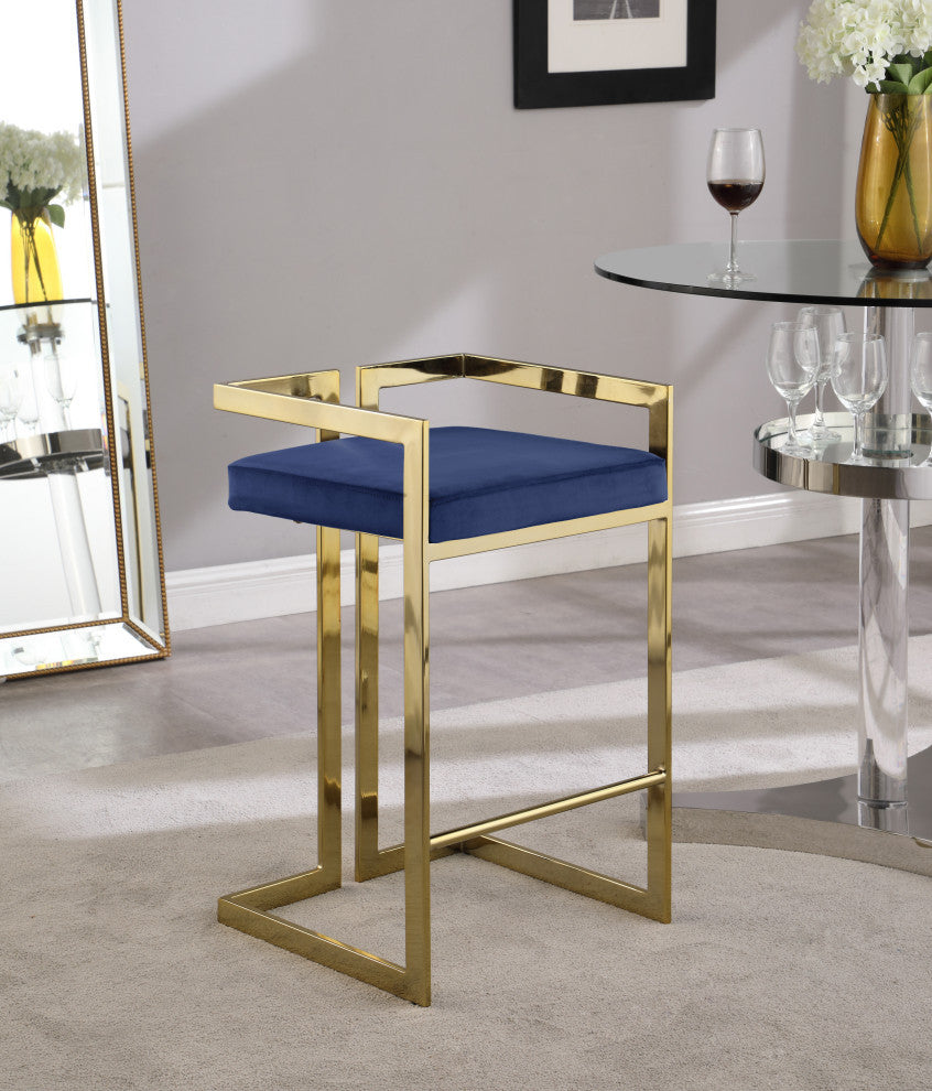 Ezra Counter Stool, Set of 2, Navy Velvet, Gold Base