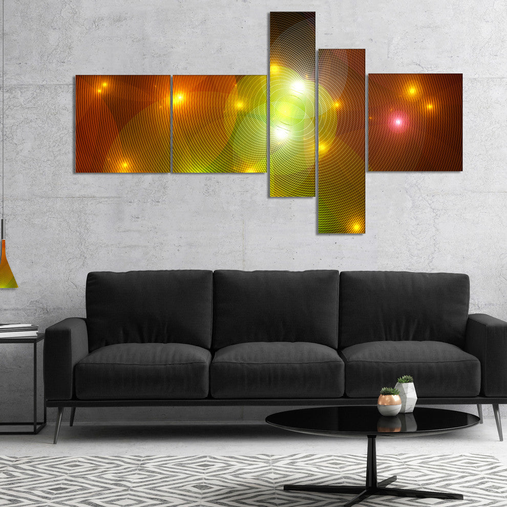 Golden Fractal Lights in Fog, Abstract Wall Art Canvas, 60"x32", 5 panels