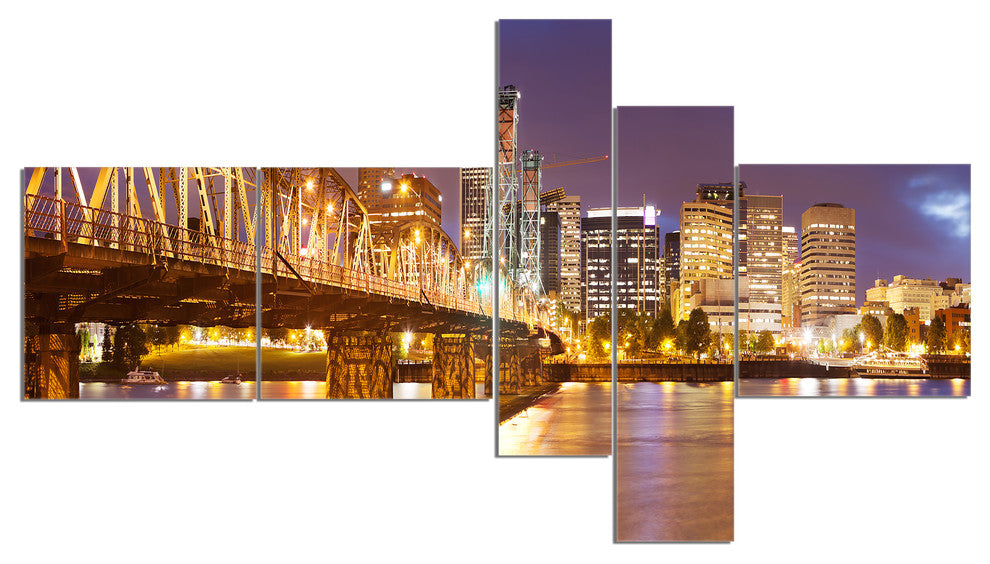 Skyline of Portland Panorama, Cityscape Canvas Art Print, 60"x32", 5 panels