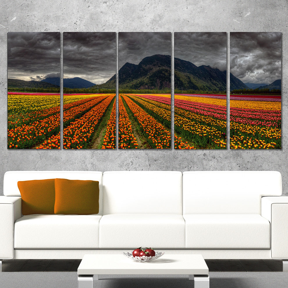 Beautiful Colored Tulips Panorama, Landscape Canvas Art, 60"x28", 5 Panels