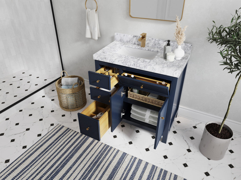 Sonoma 36 Left Offset Reeded  Bath Vanity in Hale Navy Blue 2" Carrara Marble