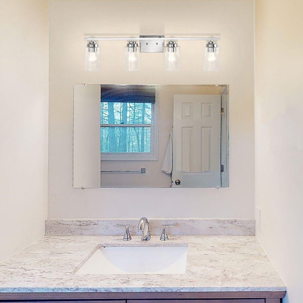 4-Light Brushed Nickel Vanity Light With Seedy Glass Shades