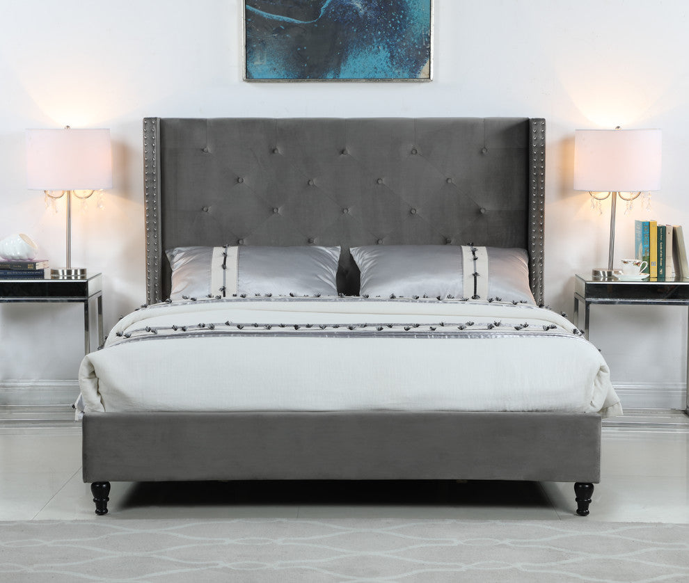 Valentina Upholstered Velvet Wingback Platform Bed, Gray, Eastern King