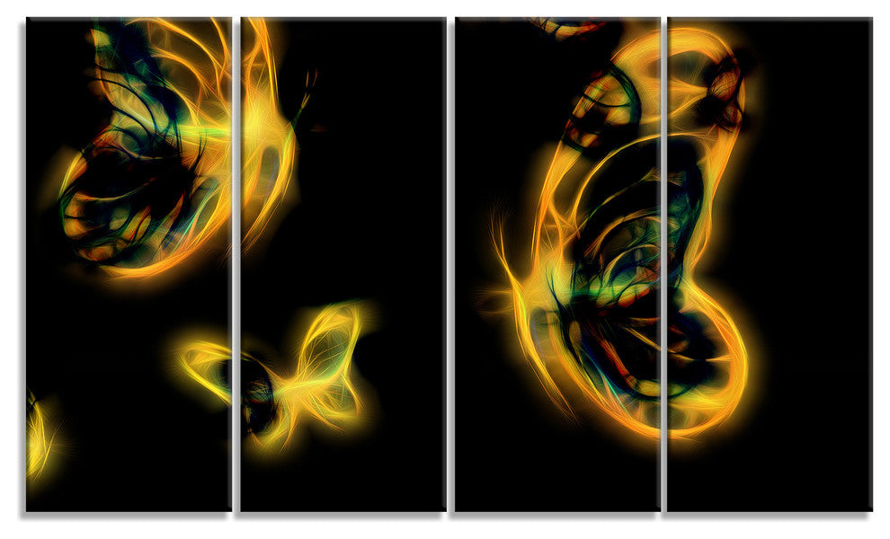Yellow Fractal Butterflies on Black, Floral Canvas Art Print, 48"x28", 4 Panels
