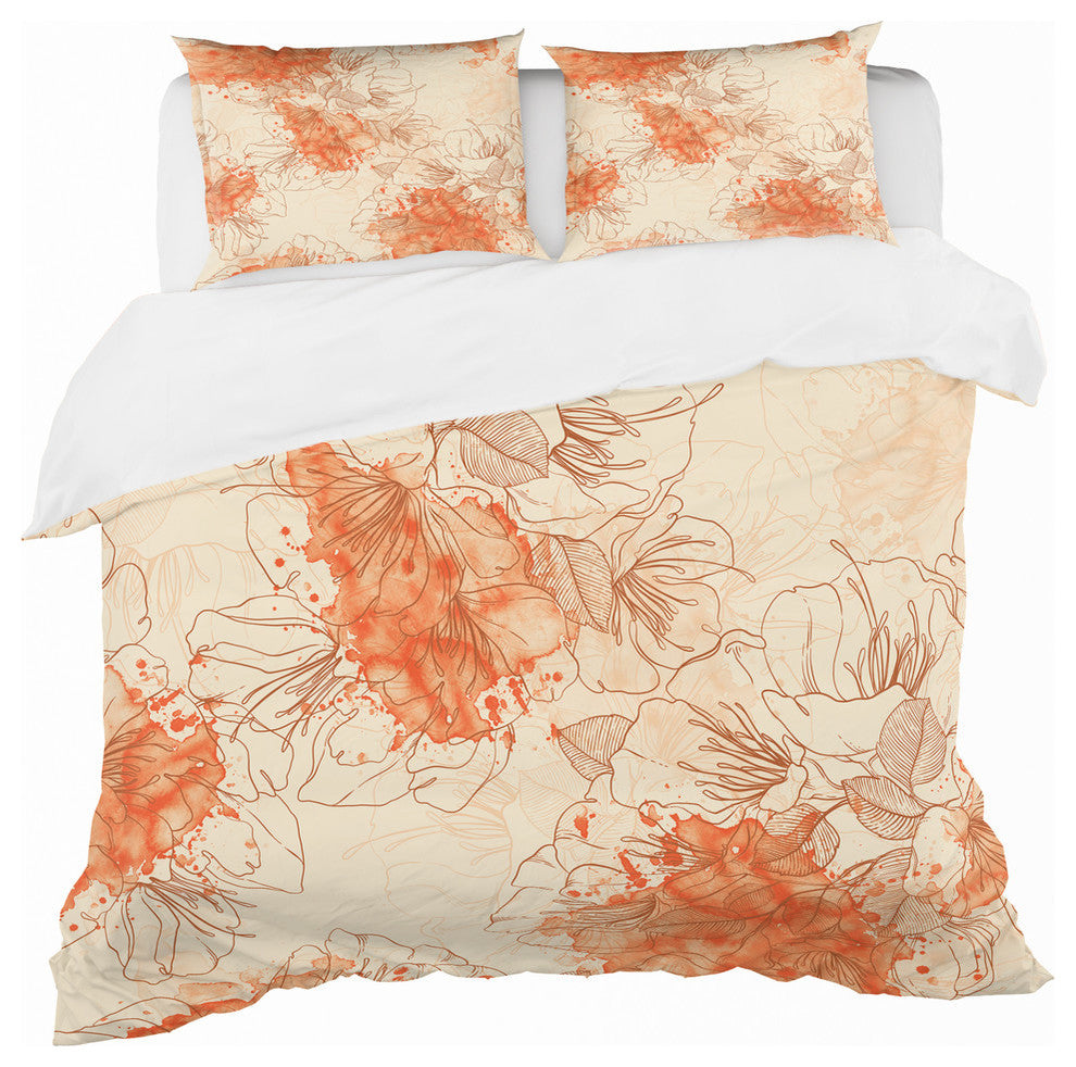 Handdrawn Asian Flowers With Orange Floral Duvet Cover, Queen