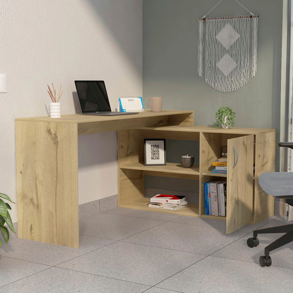 Dallas L-Shaped Home Office Desk with 2 Open Shelves and Cabinet, Light Oak