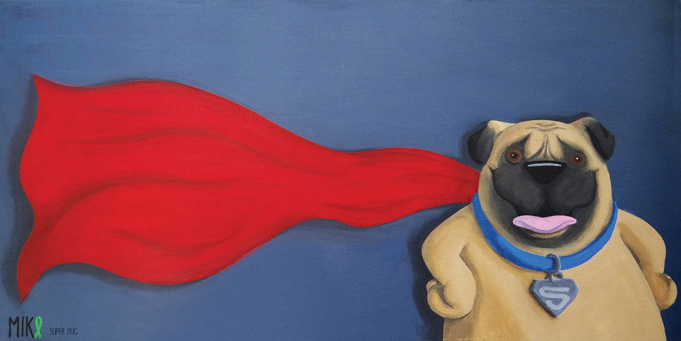 Marmont Hill, "Super Pug" by Mike Taylor Painting Print on Wrapped Canvas, 24x12