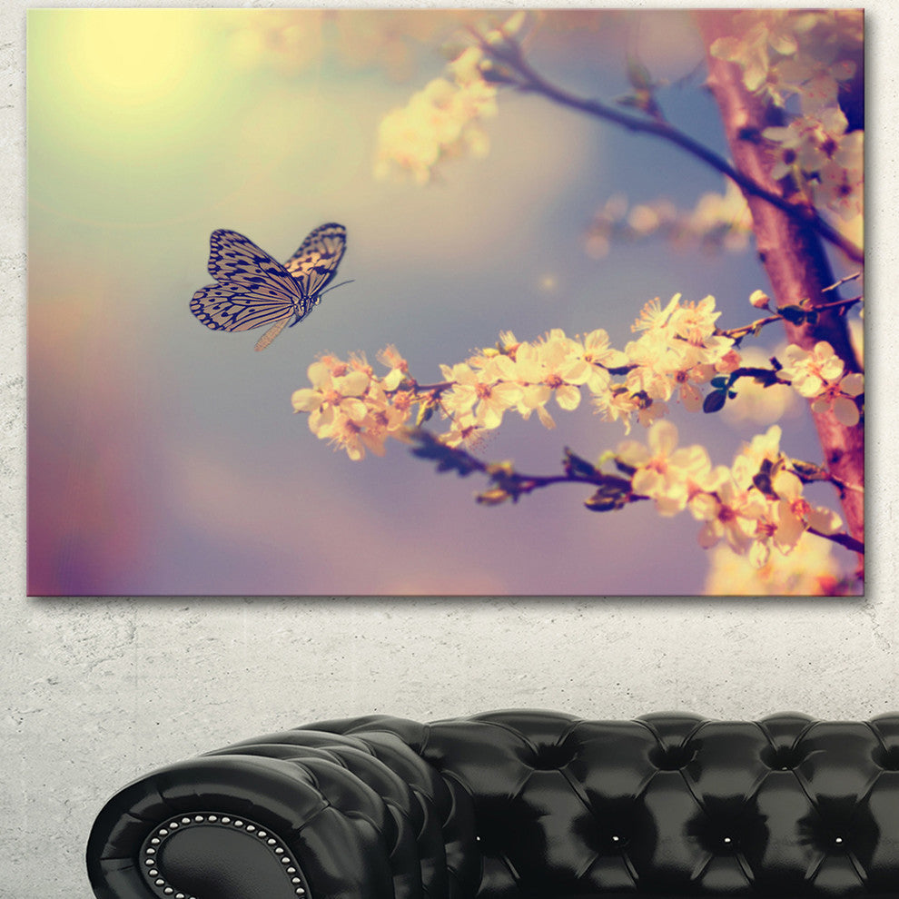 Vintage Butterfly with Flowers, Large Floral Canvas Art Print, 40"x30"