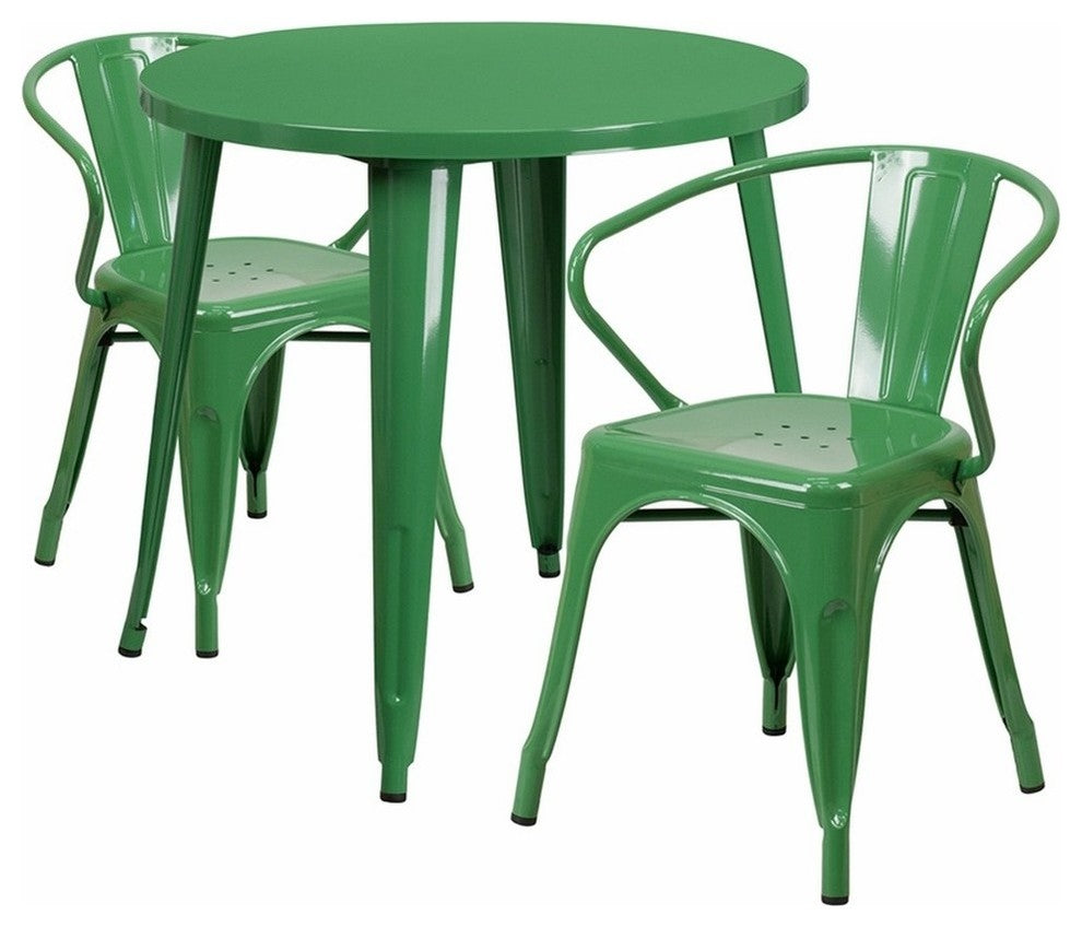 30" Round Green Metal Indoor-Outdoor Table Set with 2 Arm Chairs