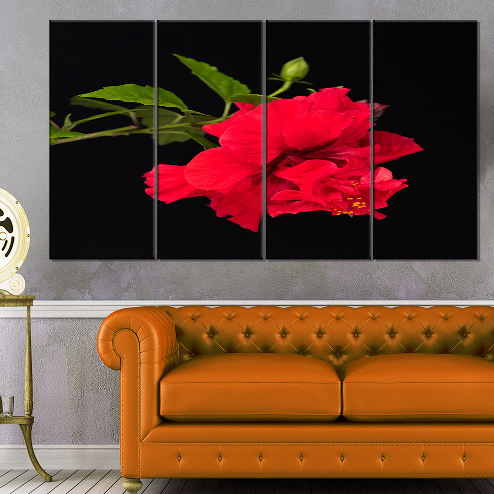 Bright Red Hibiscus on Black, Large Floral Canvas Art Print, 48"x28", 4 Panels