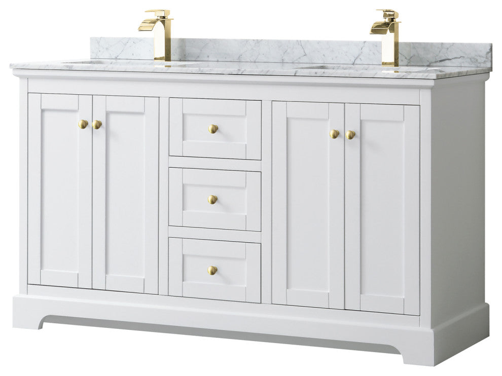 60" Double Bath Vanity, White, White Carrara Countertop, Sinks, Gold Trim