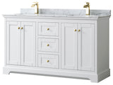 60" Double Bath Vanity, White, White Carrara Countertop, Sinks, Gold Trim