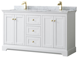 60" Double Bath Vanity, White, White Carrara Countertop, Sinks, Gold Trim