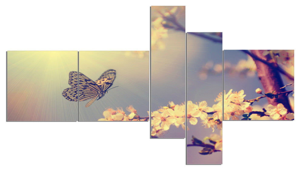 Vintage Butterfly and Cherry Tree, Floral Canvas Print, 60"x32", 5 panels