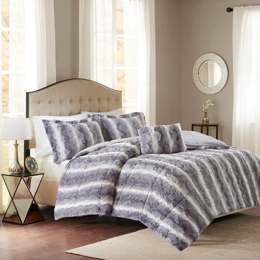 Madison Park Zuri Long Faux Fur 4-Piece Comforter Set, Grey, King