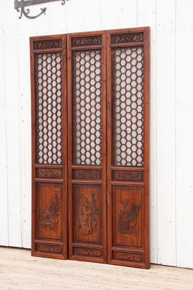 Set of 3 Mid-Century Honeycomb Chinese Panels