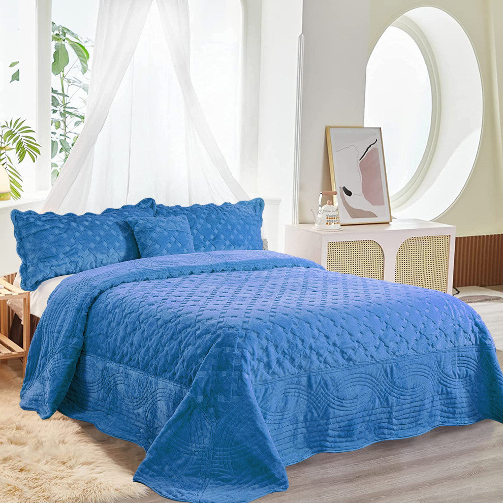Tatami Quilted Faux Fur Bedspread Set, Palace Blue, Queen