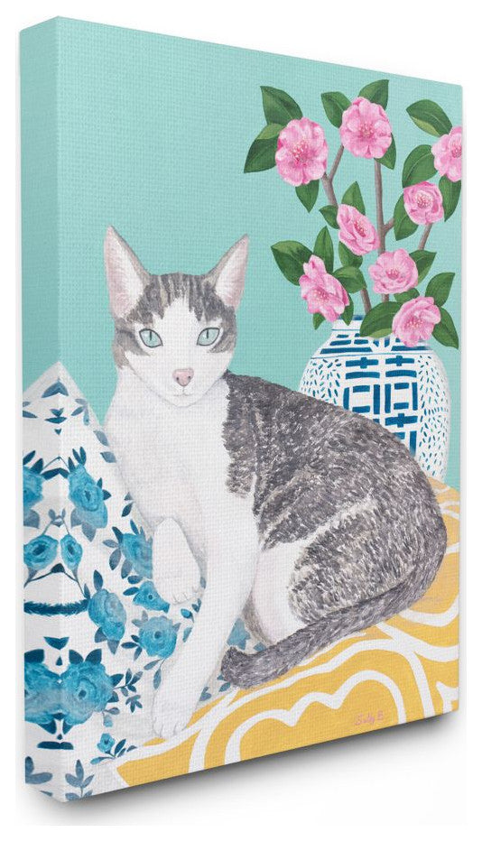 Cat With Cushion And Vase Pastel Animal Painting, 16"x20"